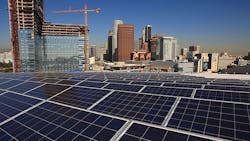 Solar panels on the roof of Staples Center in Los Angeles Solar panels on the roof of Staples Center in Los Angeles