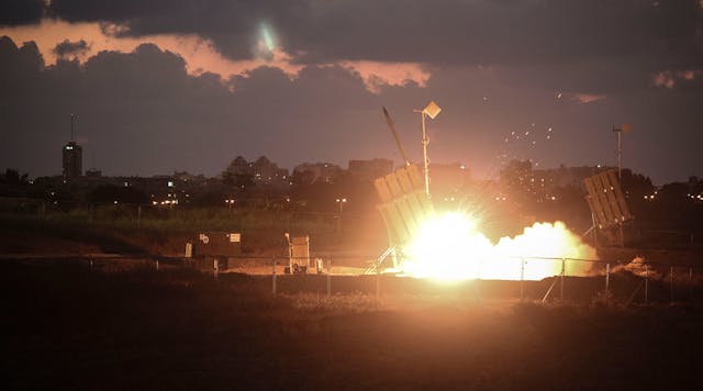 Israel&apos;s Iron Dome air-defense system launches rockets to intercept an incoming attack.