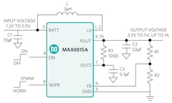 Figure 6: Application diagram of a high-efficiency, low-quiescent-current boost converter. Figure 6: Application diagram of a high-efficiency, low-quiescent-current boost converter.