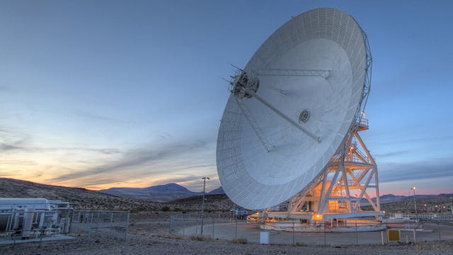 Deep Space Station 14, located near Barstow, Calif., is a 70-m diameter antenna that uses hydraulics for elevation and azimuth positioning of the nearly 3,000-ton load.