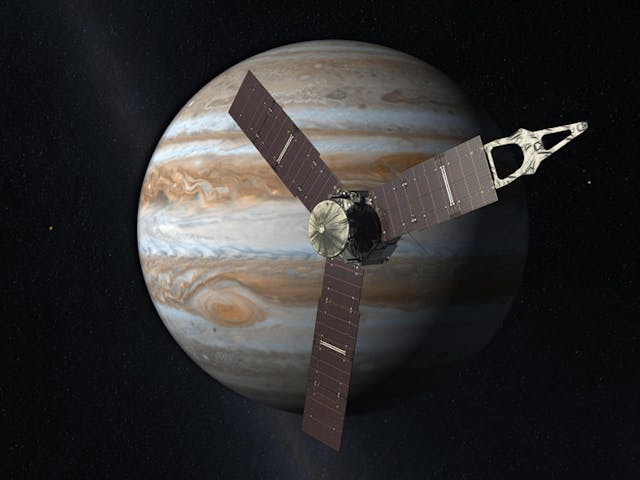 This illustration depicts Juno in an elliptical, polar orbit over Jupiter. Juno was launched from Cape Canaveral in Aug. 2011 and took five years (about one light-hour) to reach Jupiter.