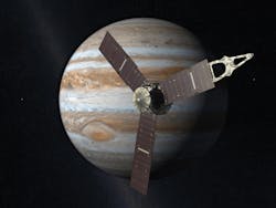 This illustration depicts Juno in an elliptical, polar orbit over Jupiter. Juno was launched from Cape Canaveral in Aug. 2011 and took five years (about one light-hour) to reach Jupiter. This illustration depicts Juno in an elliptical, polar orbit over Jupiter. Juno was launched from Cape Canaveral in Aug. 2011 and took five years (about one light-hour) to reach Jupiter.