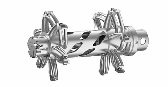 Weight reduction through additive layer manufacturing. 3D-printed, with a total weight of 23.6 lb. (10.7 kg). Cutting the weight in half, meeting surface quality, roundness, and accuracy requirements for stator bores.
