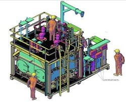 The two-compartment sodium hypochlorite tank was made of fiberglass-reinforced plastic (FRP) All other wetted parts were made from corrosion-resistant titanium material. This material is especially well-suited for the pumped fluid at the design temperature of 85°C. The two-compartment sodium hypochlorite tank was made of fiberglass-reinforced plastic (FRP) All other wetted parts were made from corrosion-resistant titanium material. This material is especially well-suited for the pumped fluid at the design temperature of 85°C.