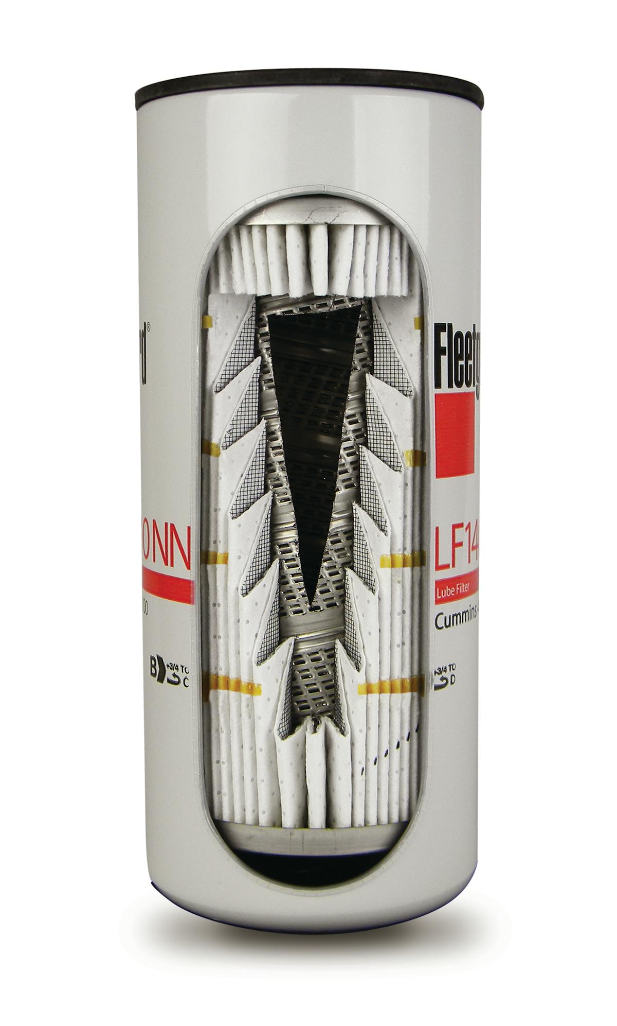 A cutaway of a Fleetguard LF14000NN lube filter shows two levels of filtration: StrataPore media on top removes larger particles during engine start-up, while the NanoNet media below captures smaller particles to prevent long-term engine wear.