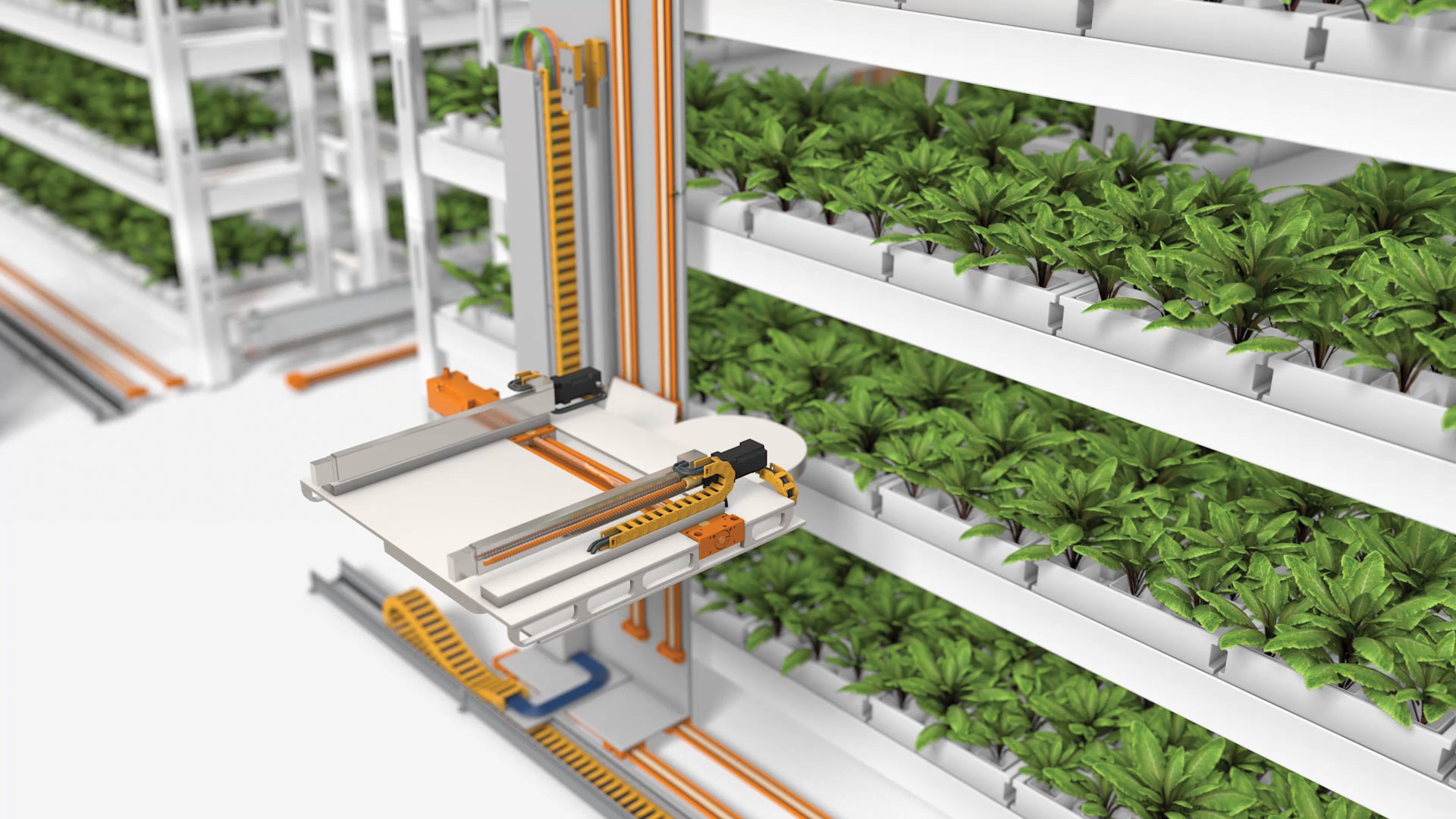 A water line set into the energy chain feeds the plants and feeds the plants, delivering about 5,417 gallons of water per hour. Living Greens Farm has 86 traverse systems in operation to help grow its products.