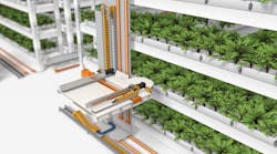 A water line set into the energy chain feeds the plants and feeds the plants, delivering about 5,417 gallons of water per hour. Living Greens Farm has 86 traverse systems in operation to help grow its products.