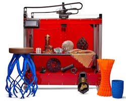 Duo with sample prints of several 3D printing formats, such as a large-format part with a stool, a carbon fiber part with the screw, high-temperature part with the impeller, and flexible part with the vase. Duo with sample prints of several 3D printing formats, such as a large-format part with a stool, a carbon fiber part with the screw, high-temperature part with the impeller, and flexible part with the vase.