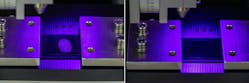 The before-after image, made under UV light, shows that particulates and contaminations on components made of all technical materials are removed in a process reliable manner.