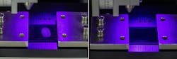 The before-after image, made under UV light, shows that particulates and contaminations on components made of all technical materials are removed in a process reliable manner. The before-after image, made under UV light, shows that particulates and contaminations on components made of all technical materials are removed in a process reliable manner.