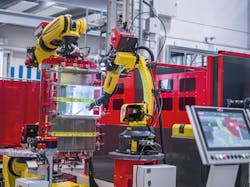 Handling-to-Welding welding cell: the handling robot positions the workpieces while the second robot performs the welding. Handling-to-Welding welding cell: the handling robot positions the workpieces while the second robot performs the welding.