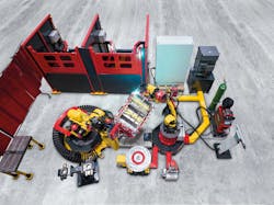 The modular Handling-to-Welding robot cell consists of perfectly coordinated components: welding robot, handling robot, robot controls, system controls, protective enclosure, and part lock gates.