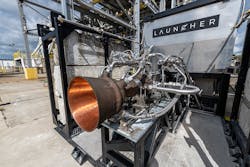 The AMCM M 4K 3D-printed Launcher E-2 combustion chamber on the Launcher test stand at NASA Stennis Space Center. The AMCM M 4K 3D-printed Launcher E-2 combustion chamber on the Launcher test stand at NASA Stennis Space Center.