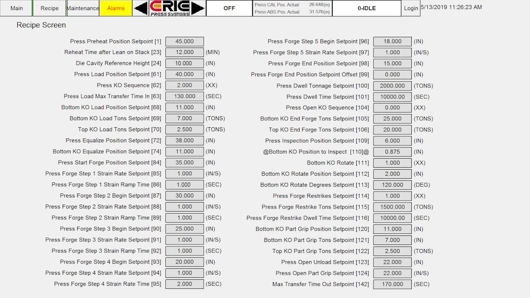 Erie Press HMI Recipe Screen