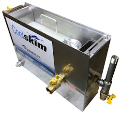 The CoolSkim uses a floating weir skimmer with a pump to bring a continual flow of liquid from the sump to the separator. The solution flows through a coalescing media pack to facilitate oil separation and oil rises to the surface, forming two distinct layers. The oil flows down an adjustable weir funnel and drains to a collection vessel. Clean coolant is returned to the coolant system. The CoolSkim uses a floating weir skimmer with a pump to bring a continual flow of liquid from the sump to the separator. The solution flows through a coalescing media pack to facilitate oil separation and oil rises to the surface, forming two distinct layers. The oil flows down an adjustable weir funnel and drains to a collection vessel. Clean coolant is returned to the coolant system.