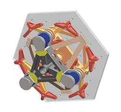 Figure 4 – Depiction of a main mirror segment from ELT, the three hybrid drives are shown here in blue. Figure 4 – Depiction of a main mirror segment from ELT, the three hybrid drives are shown here in blue.
