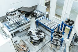 A bespoke gripper from the Zimmer Group on a KR QUANTEC removes a pallet with blanks. It loads the milling machine with the components, removes them after machining, and automatically deposits them for reworking A bespoke gripper from the Zimmer Group on a KR QUANTEC removes a pallet with blanks. It loads the milling machine with the components, removes them after machining, and automatically deposits them for reworking