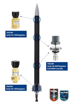This image of the TREL Halcyon rocket depicts the position and model of TESCOM regulators donated by Emerson. These regulators will maintain and manage the pressure of the rocket’s fluid systems. This image of the TREL Halcyon rocket depicts the position and model of TESCOM regulators donated by Emerson. These regulators will maintain and manage the pressure of the rocket’s fluid systems.