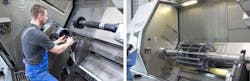 The universal range of applications of the WFL machines allows the use of a wide variety of machining technologies. Left: Use of an internal roller burnishing tool for the highest hole quality. Right: Complete machining of a welded rotor shaft. The universal range of applications of the WFL machines allows the use of a wide variety of machining technologies. Left: Use of an internal roller burnishing tool for the highest hole quality. Right: Complete machining of a welded rotor shaft.