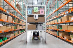 One of six AMRs at the North Shore facility is heading to meet up with an associate at the next pick location. One of six AMRs at the North Shore facility is heading to meet up with an associate at the next pick location.