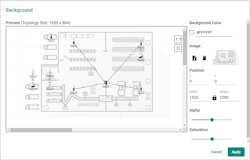 A network topology layered on top of a facility floor map to easily locate physical devices.