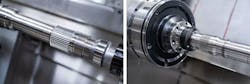The production of the shafts covers diverse machining technologies: the shaft is manufactured in 3 clampings whereas mandrels are used to clamp the inside diameter (with Centrotex quick-change system). Furthermore, the manufacturing process involves hobbing of 2 splines with a quality of 5 and Module .05 in. (1.27 mm). On top, wall thickness measurement can be carried out by means of automatic ultrasonic measurement (whereas the smallest wall thickness is .09 in. (2.3 mm)). The production of the shafts covers diverse machining technologies: the shaft is manufactured in 3 clampings whereas mandrels are used to clamp the inside diameter (with Centrotex quick-change system). Furthermore, the manufacturing process involves hobbing of 2 splines with a quality of 5 and Module .05 in. (1.27 mm). On top, wall thickness measurement can be carried out by means of automatic ultrasonic measurement (whereas the smallest wall thickness is .09 in. (2.3 mm)).