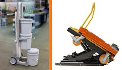 Left:This 5-gallon pail handling device solves two problems: transporting and lifting. Right: This tilter positions 4-wheel carts and their contents at a convenient access angle.