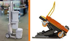 Left:This 5-gallon pail handling device solves two problems: transporting and lifting. Right: This tilter positions 4-wheel carts and their contents at a convenient access angle. Left:This 5-gallon pail handling device solves two problems: transporting and lifting. Right: This tilter positions 4-wheel carts and their contents at a convenient access angle.