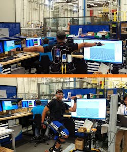 Dr. Chris Reid, an ergonomics engineer at Boeing, tests an exoskeleton while gathering electromyography (EMG) and motion capture data. Dr. Chris Reid, an ergonomics engineer at Boeing, tests an exoskeleton while gathering electromyography (EMG) and motion capture data.