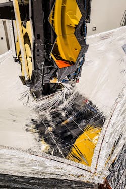 Each of the five layers of the sunshield is uniquely sized, shaped, and has special rip-stop patterning to add durability to the ultra-thin Kapton membranes. Each of the five layers of the sunshield is uniquely sized, shaped, and has special rip-stop patterning to add durability to the ultra-thin Kapton membranes.