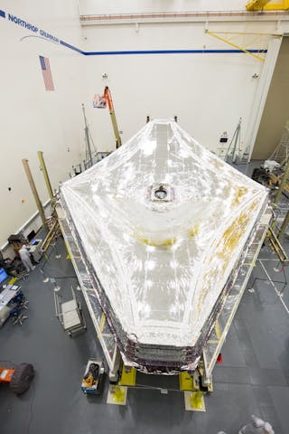 On orbit, JWST will be pointed so that the sun, Earth, and moon are always on one side, with the sunshield acting as an umbrella to shade the telescope mirrors and instruments from the warmer spacecraft electronics and the sun.