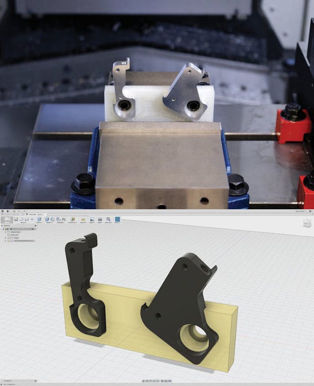 The metal workholding jaws (top) can scratch parts made of softer metals and other materials. The 3D-printed version (bottom) uses softer metal jaws that will not harm the surfaces of the pieces they hold in place for CNC machining.
