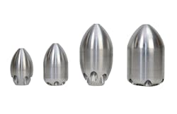 KEG’s Torpedo Nozzle uses two different water jet angles to ensure superior sand, mud, and debris transport from the pipe floor in diameters from 6 to 16 in. KEG’s Torpedo Nozzle uses two different water jet angles to ensure superior sand, mud, and debris transport from the pipe floor in diameters from 6 to 16 in.