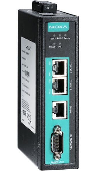 The Moxa MGate 5103 is an industrial Ethernet gateway for converting Modbus RTU/ASCII/TCP or EtherNet/IP to PROFINET-based network communications.