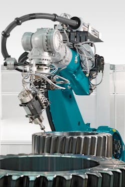 Figure 1: More than deburring—the edge shaping process of large gears. Using solid-carbide cutters, the robot provides the teeth with chamfers of up to 5 mm. It follows the involute contour of the tooth flanks exactly. Figure 1: More than deburring—the edge shaping process of large gears. Using solid-carbide cutters, the robot provides the teeth with chamfers of up to 5 mm. It follows the involute contour of the tooth flanks exactly.