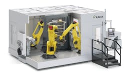 Figure 3: The cell designed by KADIA with three 6-axis industrial robots for processing battery housing trays for EVs. Figure 3: The cell designed by KADIA with three 6-axis industrial robots for processing battery housing trays for EVs.