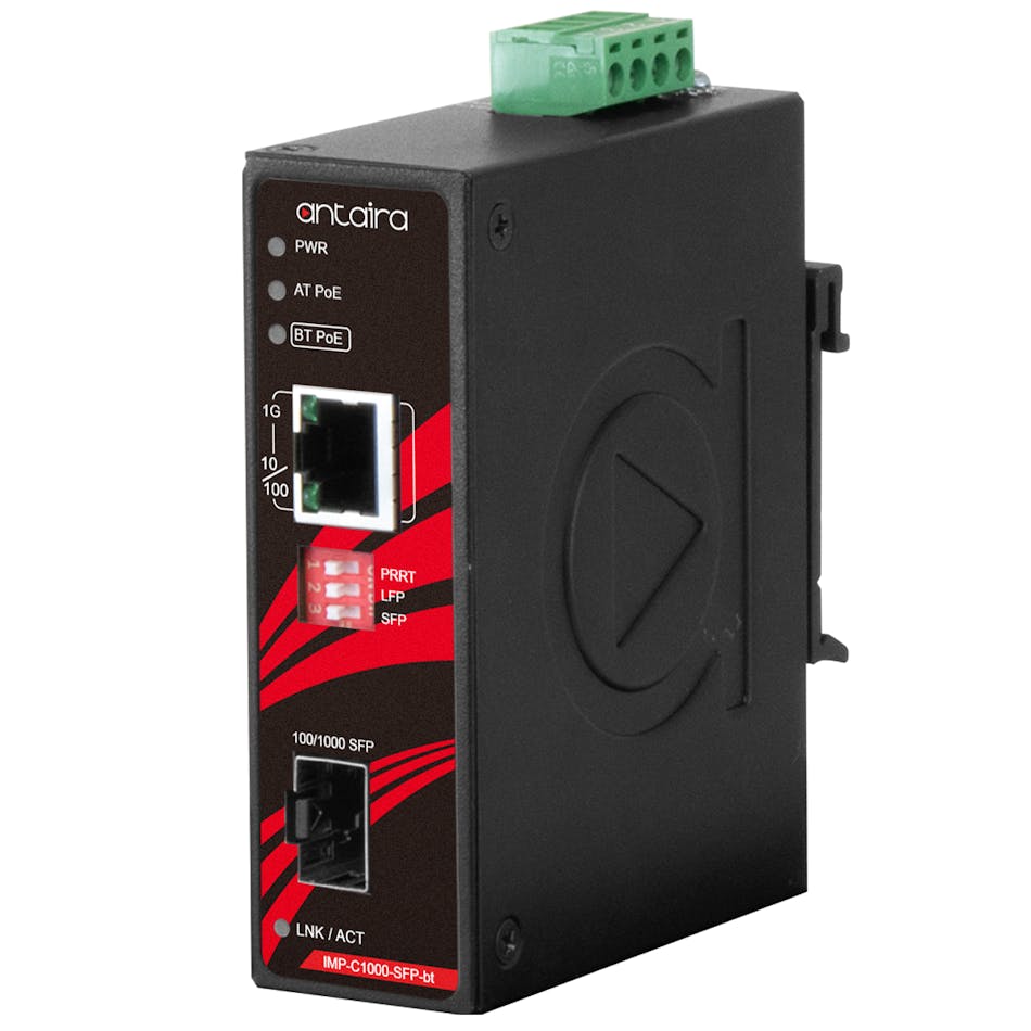 The Antaira IMP-C1000-SFP-bt gigabit Ethernet-to-Fiber media converter is one of the company&apos;s industrial networking devices equipped with patented Power Remote Rest Technology (PRRT).