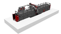 The continuous feed spinner hanger shot blast machine (L x H x W: approx. 20,000 x 6,500 x 6,000 mm) with inlet, blast, and outlet chamber, are usually equipped with 8 to 16 blast turbines. These are arranged vertically in four rows in an X pattern and offset from each other. Such a turbine arrangement ensures an excellent blast coverage on all surface sections of the steel weldments. The continuous feed spinner hanger shot blast machine (L x H x W: approx. 20,000 x 6,500 x 6,000 mm) with inlet, blast, and outlet chamber, are usually equipped with 8 to 16 blast turbines. These are arranged vertically in four rows in an X pattern and offset from each other. Such a turbine arrangement ensures an excellent blast coverage on all surface sections of the steel weldments.