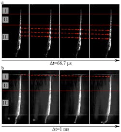 High-speed images recorded by the Mikrotron camera with a trim-cut width of 50 % and a replacement edge distance of 500 µm. High-speed images recorded by the Mikrotron camera with a trim-cut width of 50 % and a replacement edge distance of 500 µm.