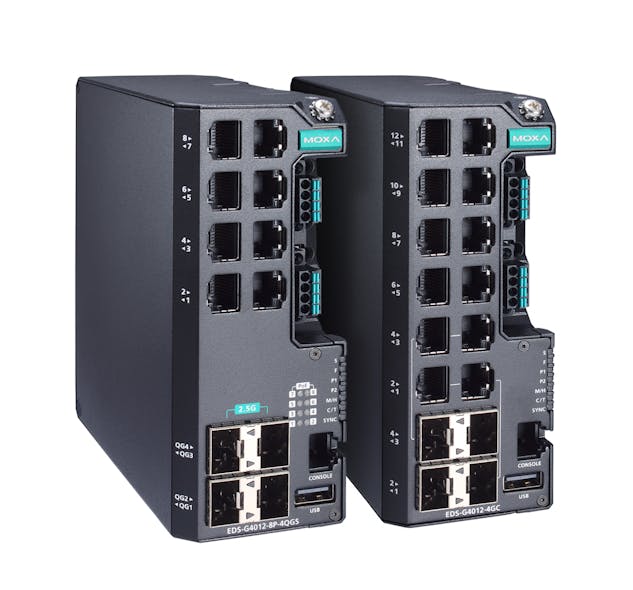 Moxa EDS-G4012 12G-port Gigabit managed Ethernet switches are compliant with the IEC 62443-4-2 industrial cybersecurity standards.