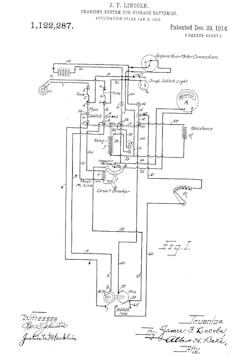 Diagrams from John F. Lincoln's 1914 patent for an electric vehicle charging system. Lincoln's signature is visible in the lower right corner. Diagrams from John F. Lincoln's 1914 patent for an electric vehicle charging system. Lincoln's signature is visible in the lower right corner.