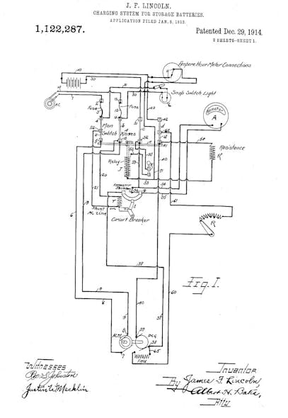 Diagrams from John F. Lincoln&apos;s 1914 patent for an electric vehicle charging system. Lincoln&apos;s signature is visible in the lower right corner.