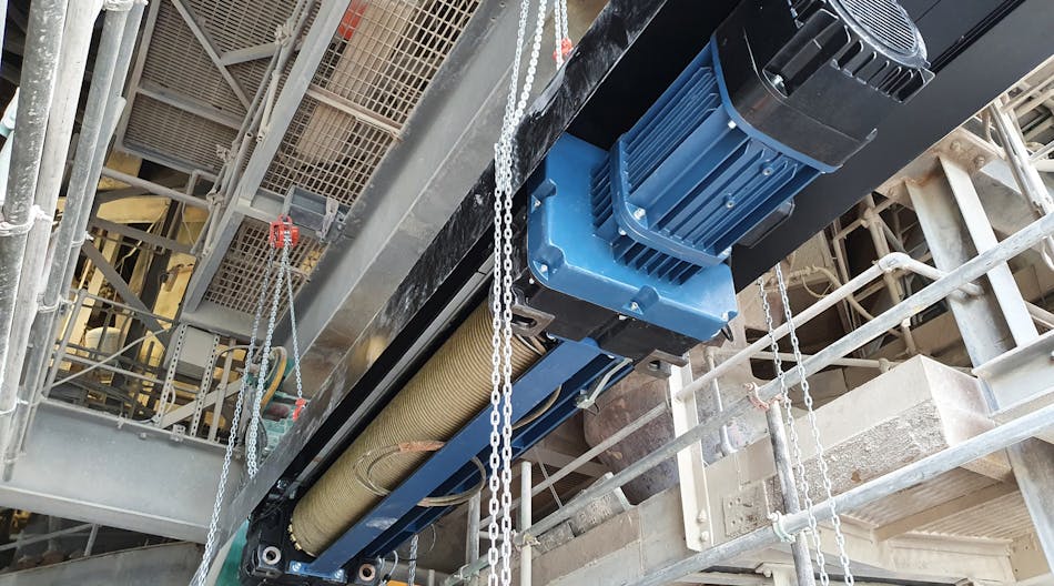 22,000-pound SWL electric-powered wire-rope hoist unit lifted into final position at a 196-foot height.