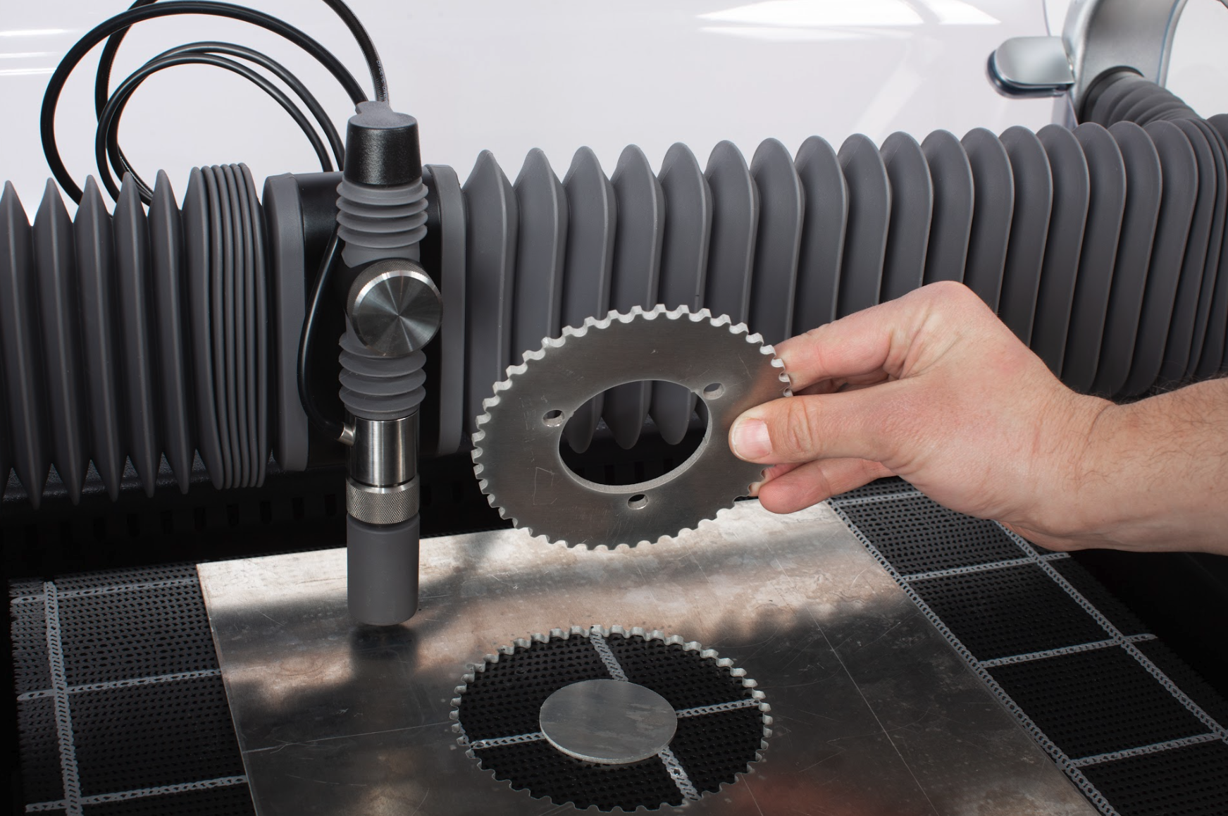 Small-footprint waterjet cutting machine.