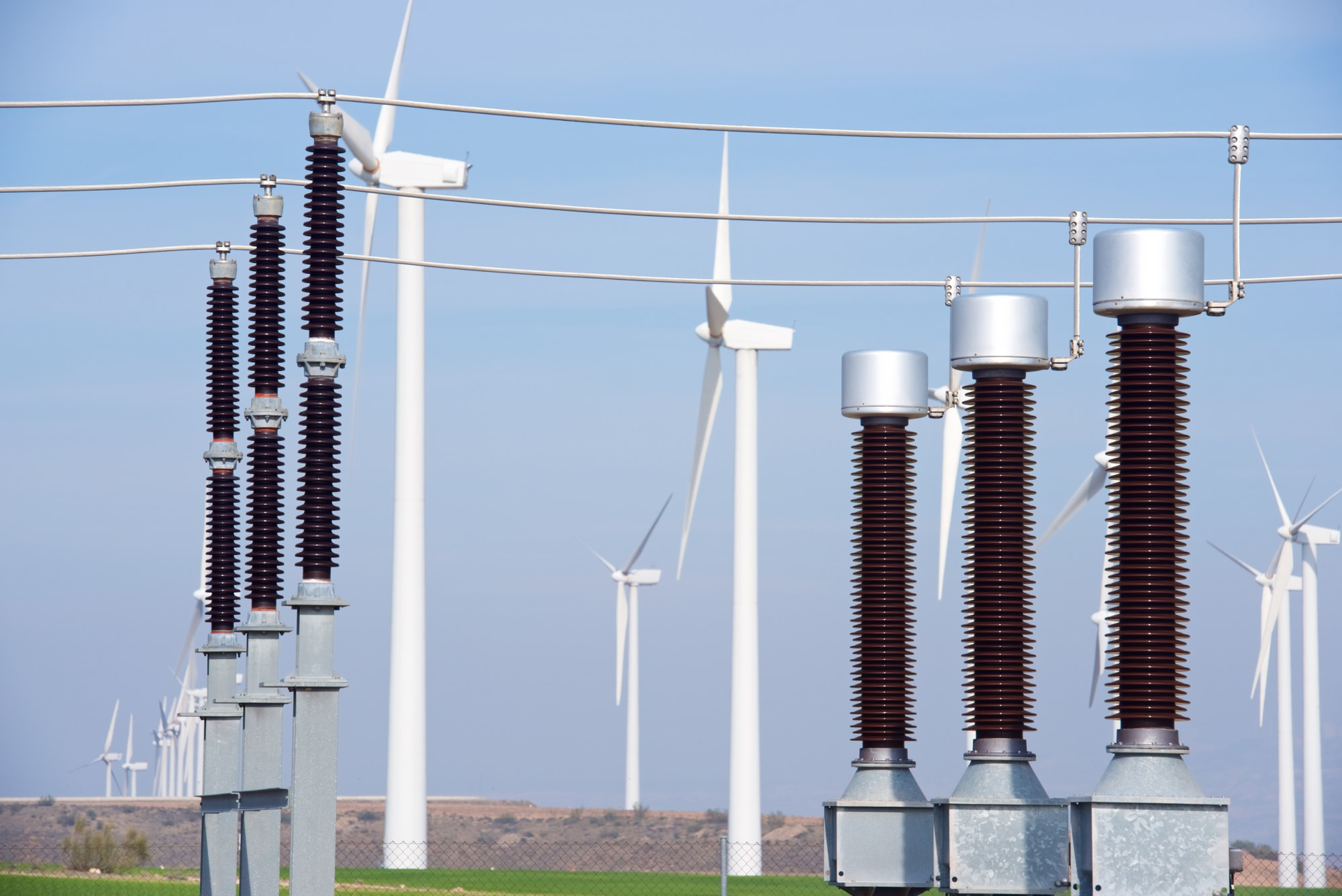 Windmills and electrical substation, Zaragoza province, Aragon, Spain.