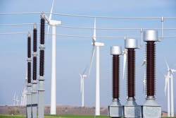 Windmills and electrical substation, Zaragoza province, Aragon, Spain. Windmills and electrical substation, Zaragoza province, Aragon, Spain.
