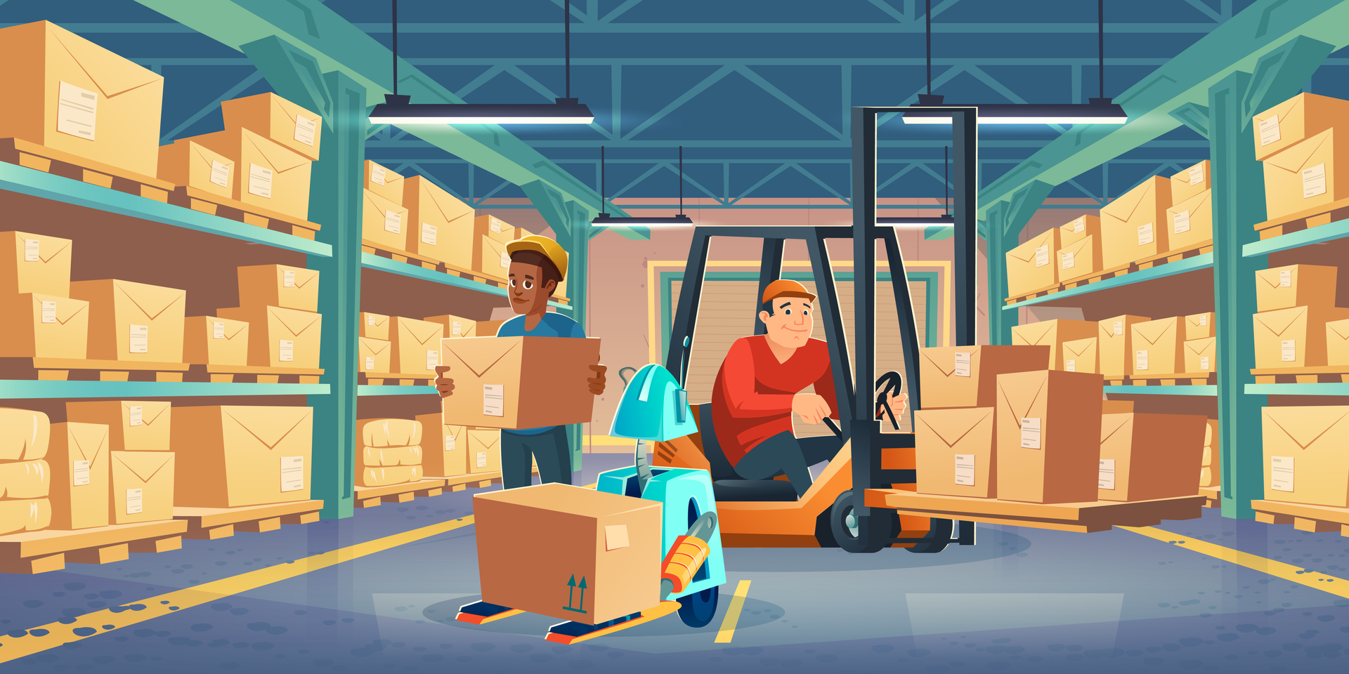 Illustration of warehouse workers and robot