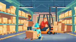 Illustration of warehouse workers and robot
