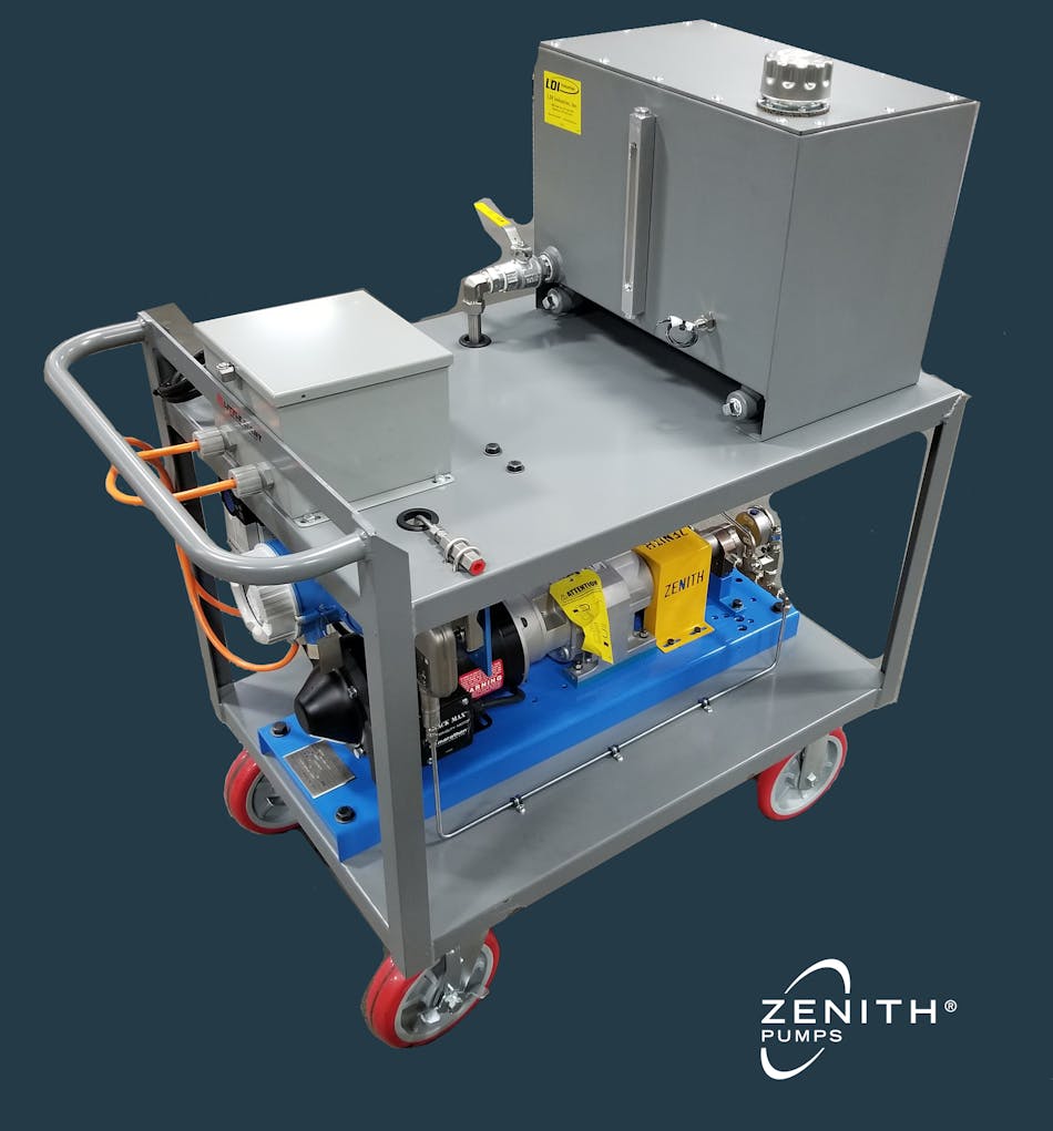 Moveable Cart using a Zenith B-9000 Series rotary positive displacement pump specifically designed for single-stream chemical duty applications.