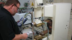 Amada-weld-technician using the MM380 Amada-weld-technician using the MM380